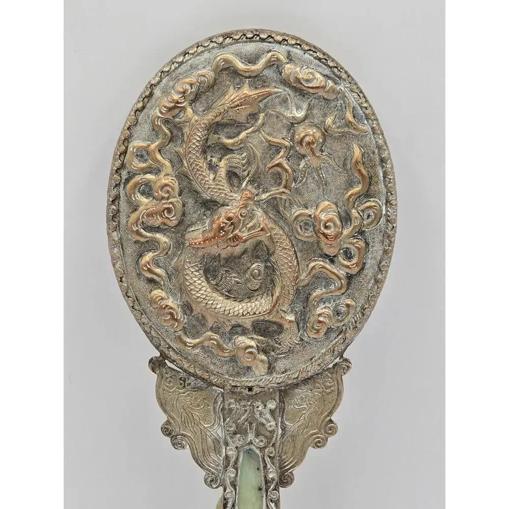 Antique Chinese Silver-plated Hand Mirror with Carved Jade Belt Hook Handle